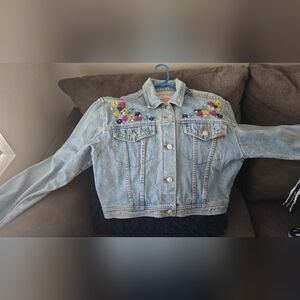 Jordache Light Blue Jean Jacket with Colorful Floral Embroidery